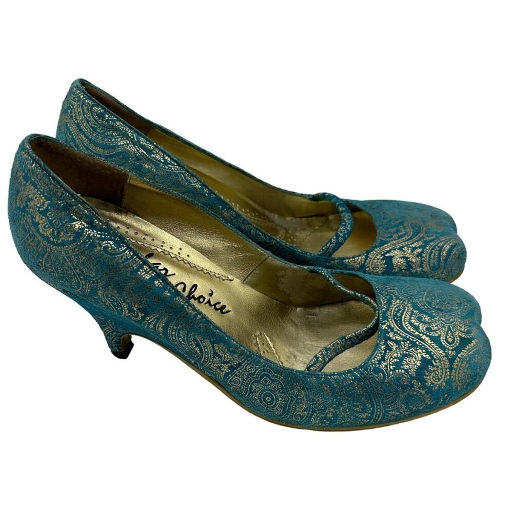 Irregular Choice bright teal gold double toe Mary Jane heels Size 10.5